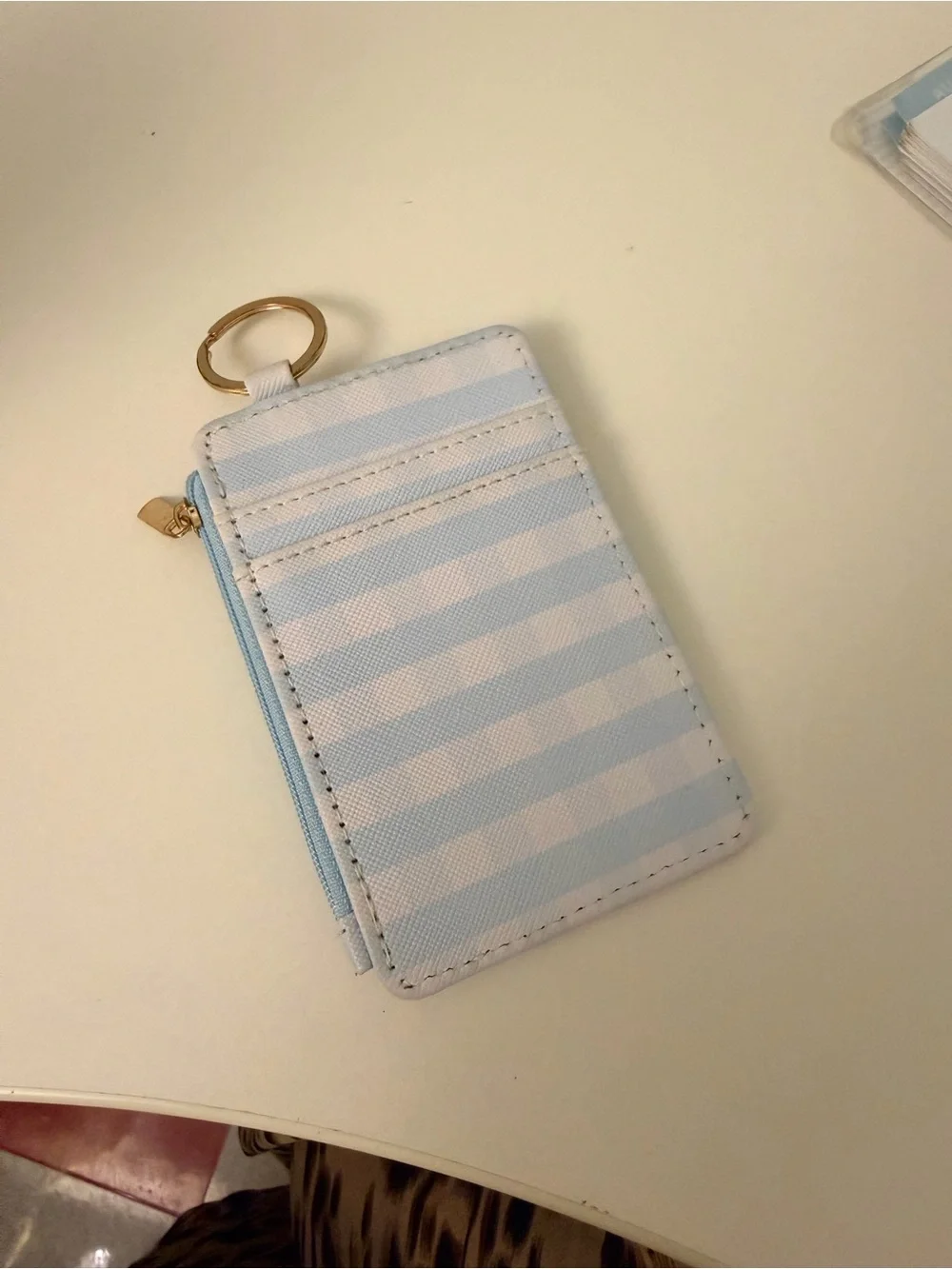 The Darling Effect Light Blue Gingham Card Holder Key Ring with Zip Pocket